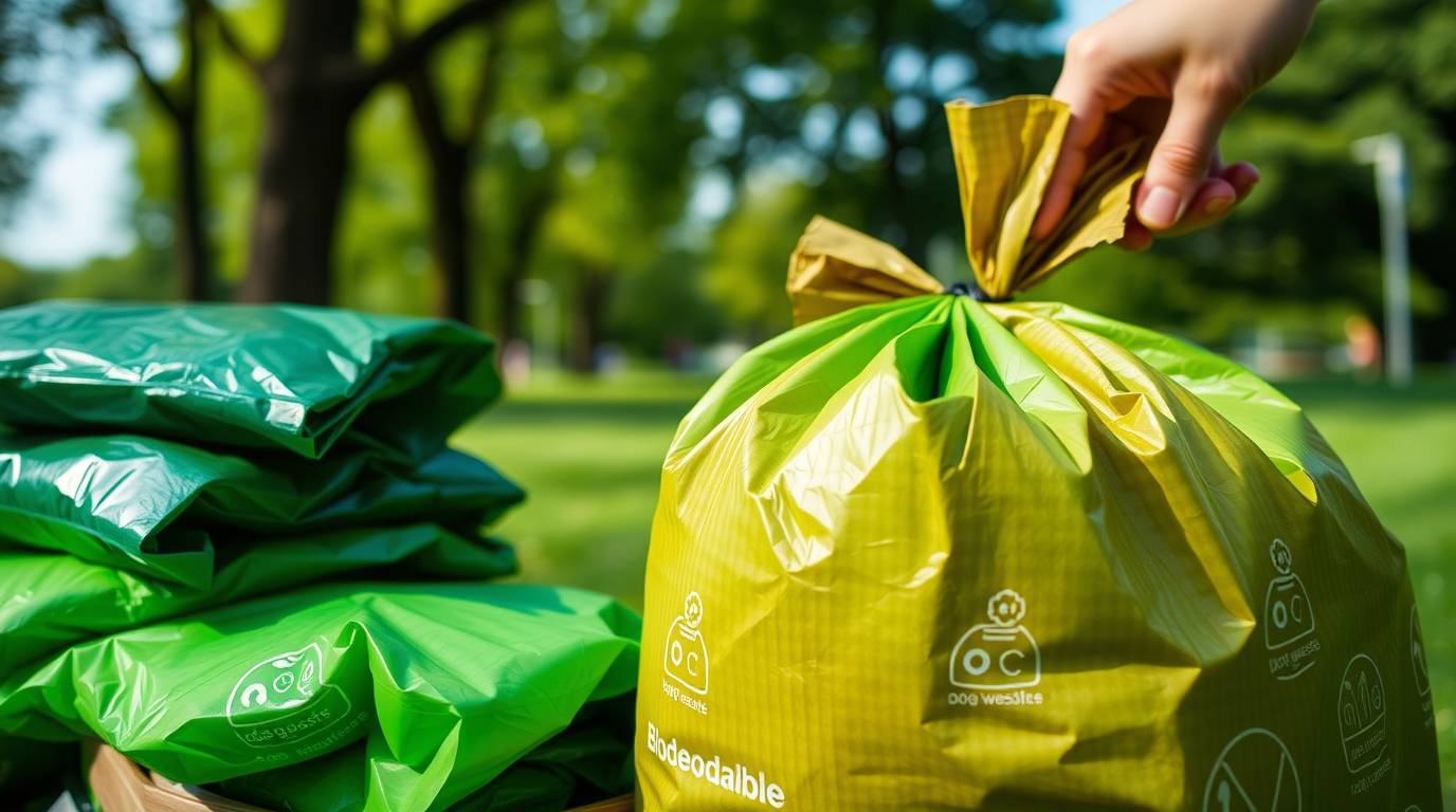 Dog waste in USA| Close-up of biodegradable dog waste bags in green and brown, with one being pulled out by a hand. A clean park setting in the background emphasizes sustainability.