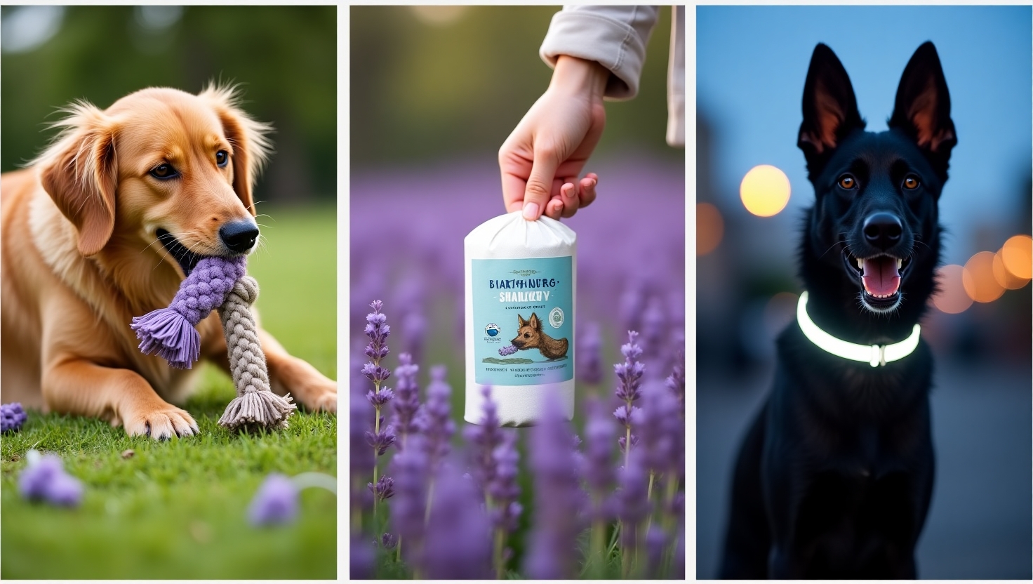 Golden Retriever chewing eco-friendly cotton rope toy (left), lavender-scented dog poop bags in hand (center), German Shepherd wearing reflective recycled collar at dusk (right). Top 3 sustainable dog products for chewers, cleanups, and safety